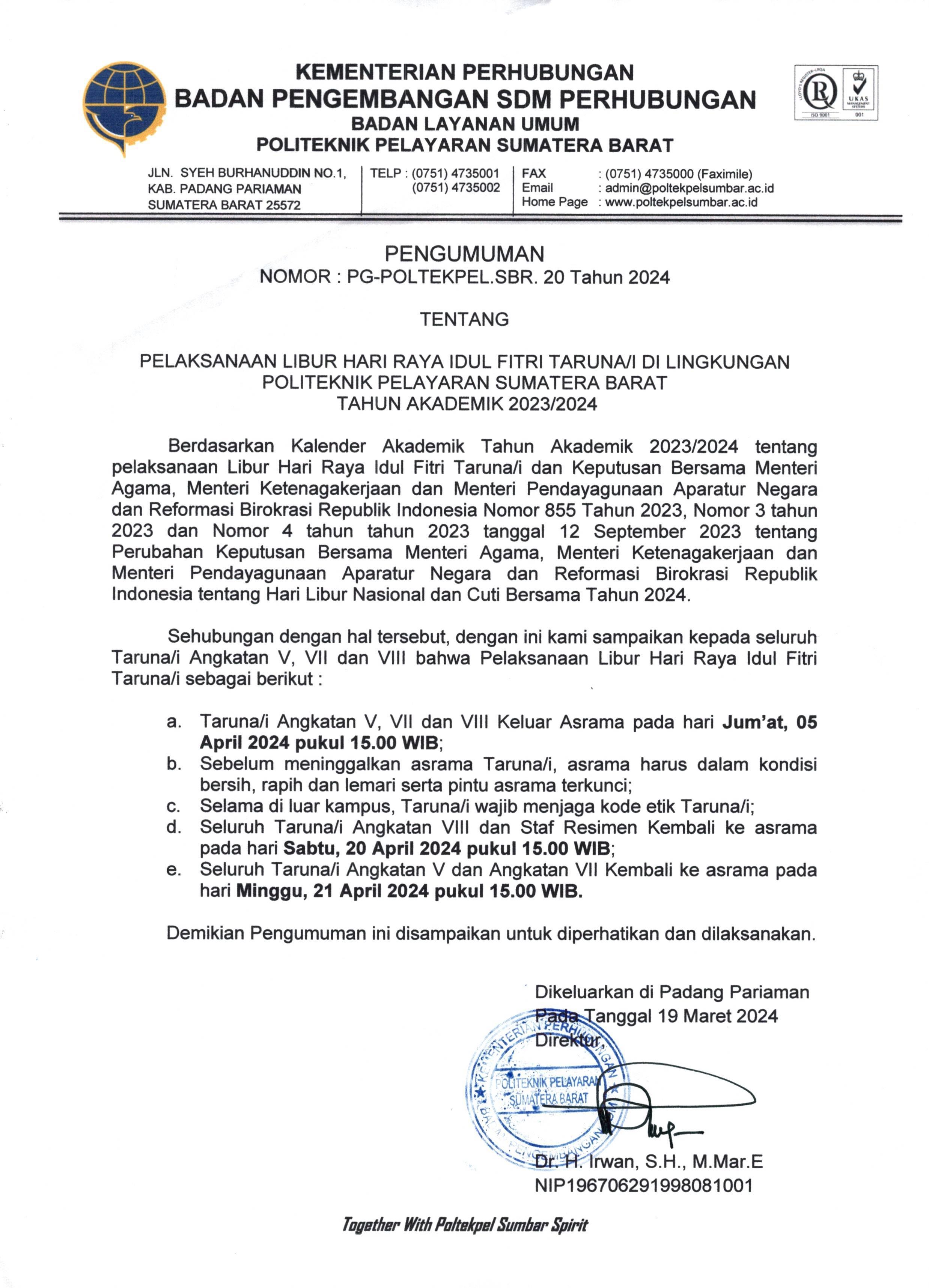 Pengumuman Hari Libur Hari Raya Idul Fitri Taruna/I di Lingkungan Politeknik Pelayaran Sumatera Barat Tahun Akademik 2023/2023