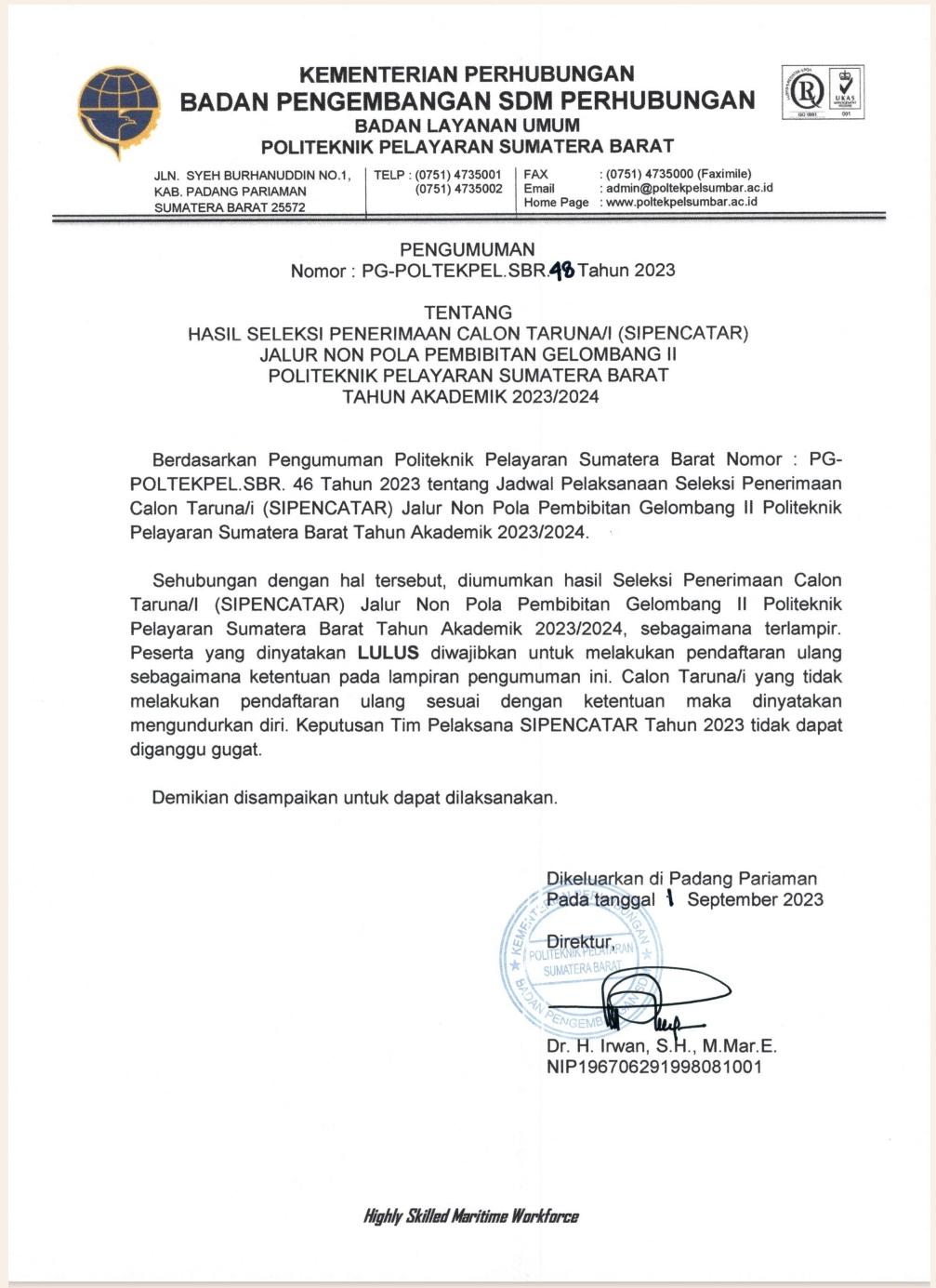 Pengumuman Hasil LULUS Seleksi (SIPENCATAR) Gelombang II Non Pola Pembibitan Politeknik Pelayaran Sumatera Barat Tahun 2023/2024