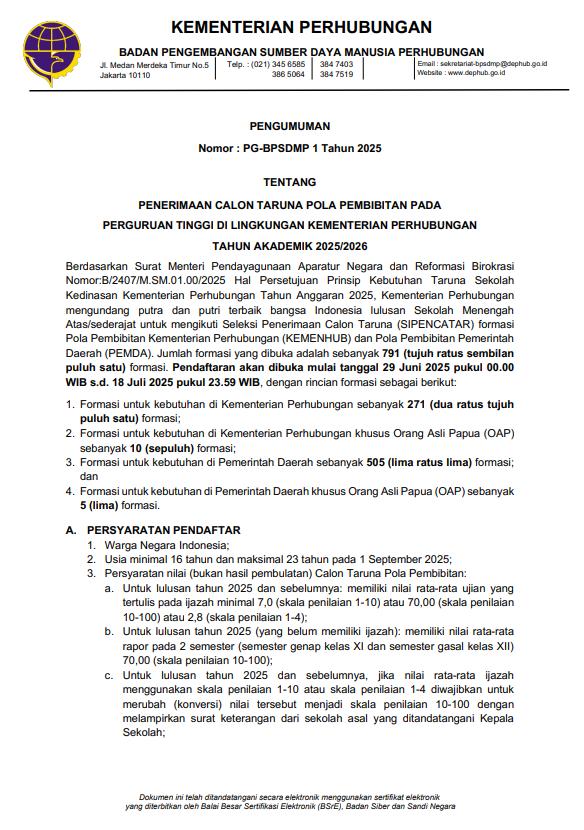 PENGUMUMAN TENTANG PENERIMAAN CALON TARUNA POLA PEMBIBITAN PADA PERGURUAN TINGGI DI LINGKUNGAN KEMENTERIAN PERHUBUNGAN TAHUN AKADEMIK 2025/2026