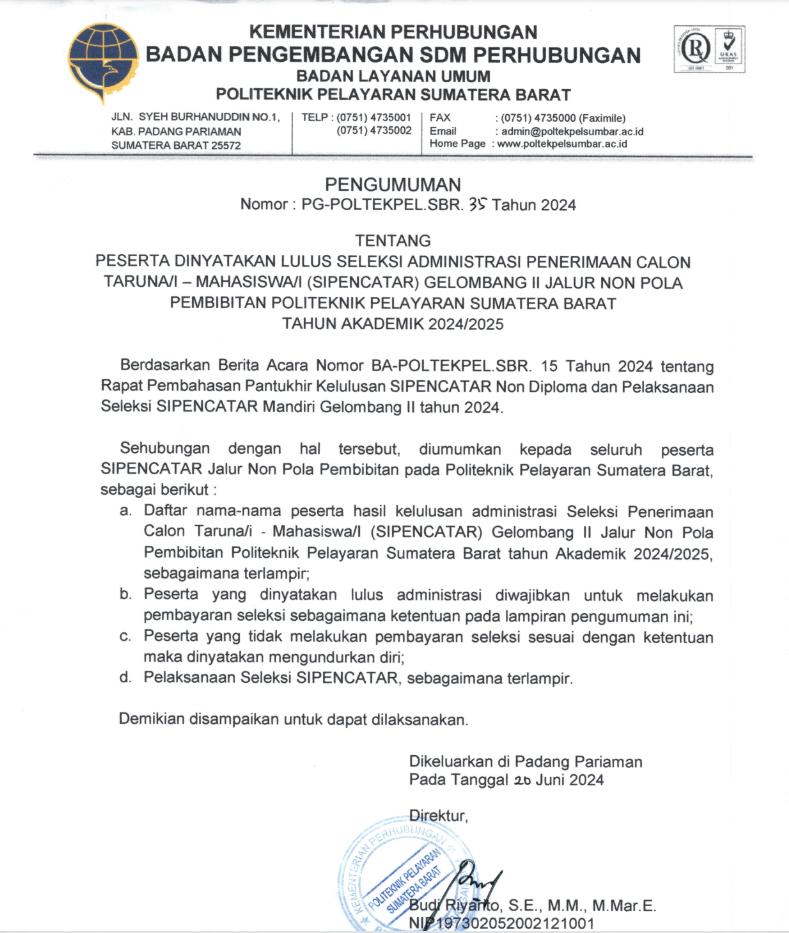 Pengumuman Lulus Administrasi Sipencatar Gelombang ke-2 Politeknik Pelayaran Sumatera Barat