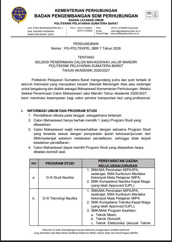 PENGUMUMAN SELEKSI PENERIMAAN CALON MAHASISWA/I JALUR MANDIRI POLITEKNIK PELAYARAN SUMATERA BARAT TAHUN AKADEMIK 2026/2027