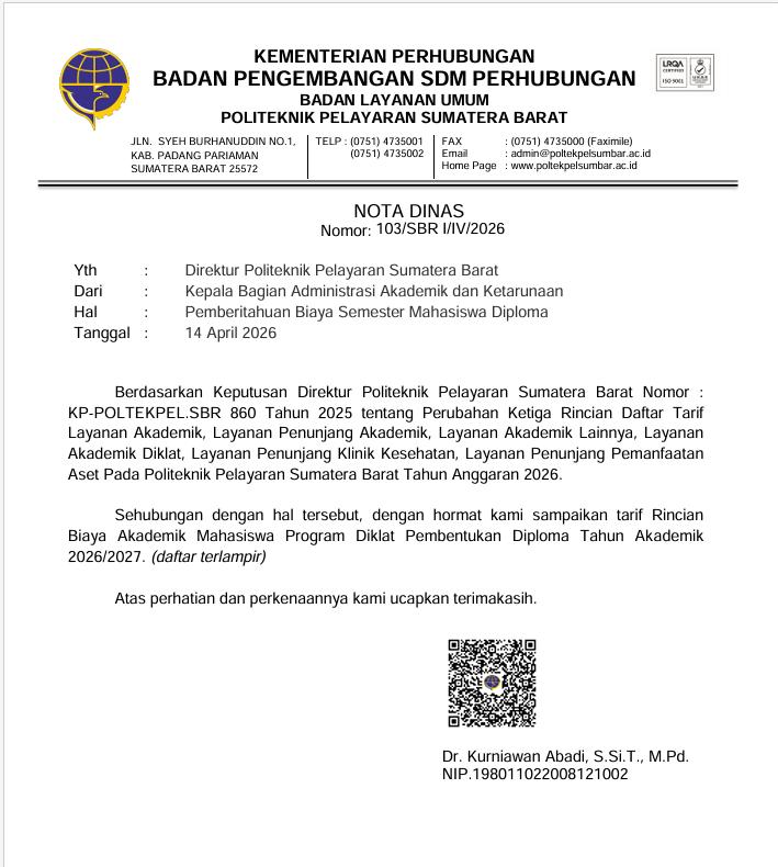 Pemberitahuan Biaya Semester Mahasiswa Program Diploma III Politeknik pelayaran Sumatera Barat