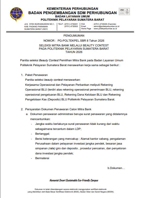 PENGUMUMAN SELEKSI MITRA BANK MELALUI BEAUTY CONTEST PADA POLITEKNIK PELAYARAN SUMATERA BARAT TAHUN 2026