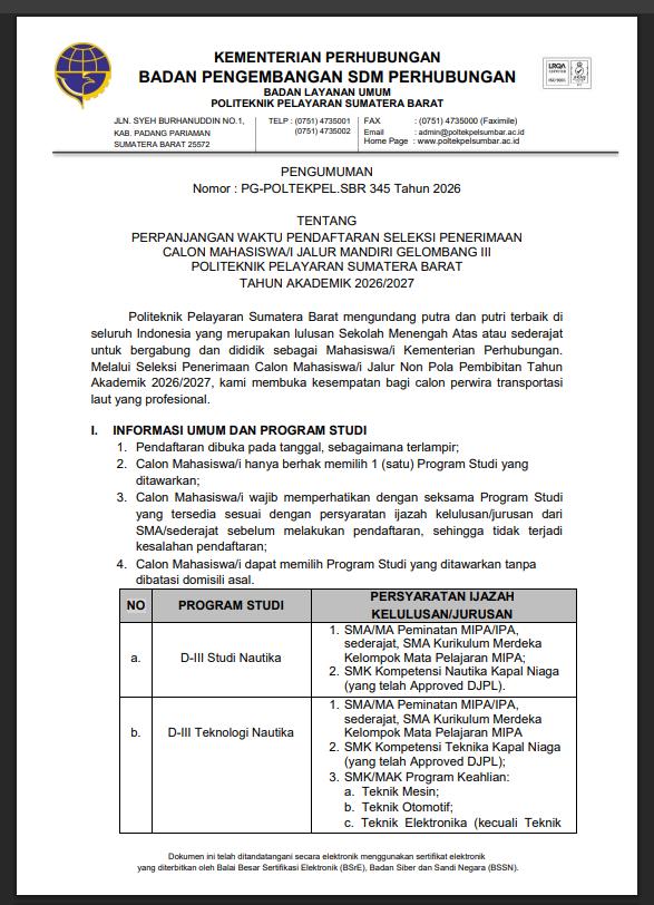 PENGUMUMAN PERPANJANGAN WAKTU PENDAFTARAN SELEKSI PENERIMAAN CALON MAHASISWA/I JALUR MANDIRI GELOMBANG III POLITEKNIK PELAYARAN SUMATERA BARAT TAHUN AKADEMIK 2026/2027
